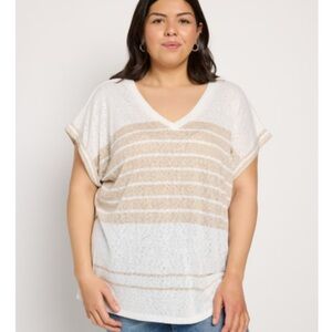 Bobeau Ivory and Light Taupe Striped Short Sleeve Tee - Size XXL